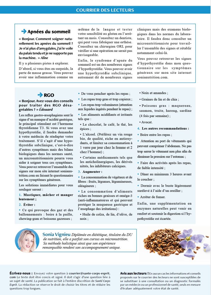 Santé Corps Esprit - Courrier des lecteurs - Sonia Nutrition 032024