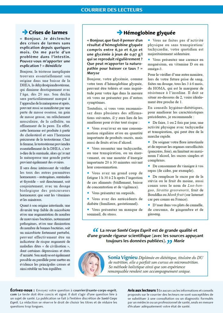Santé Corps Esprit - Courrier des lecteurs - Sonia Nutrition 052023