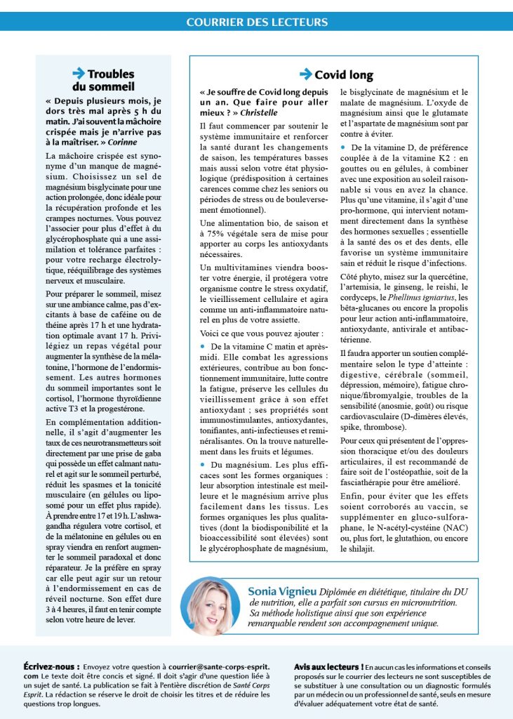 Santé Corps Esprit - Courrier des lecteurs - Sonia Nutrition 062023