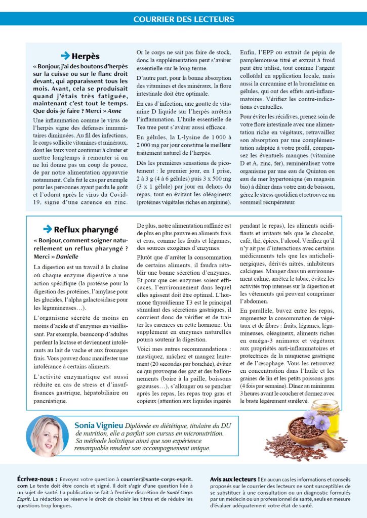 Santé Corps Esprit - Courrier des lecteurs - Sonia Nutrition 072023