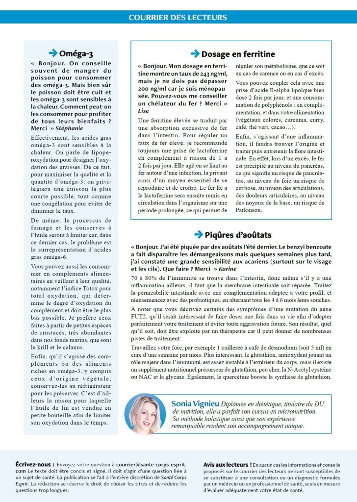 Santé Corps Esprit - Courrier des lecteurs - Sonia Nutrition 082023