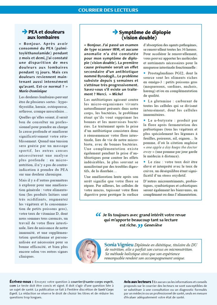 Santé Corps Esprit - Courrier des lecteurs - Sonia Nutrition 092023