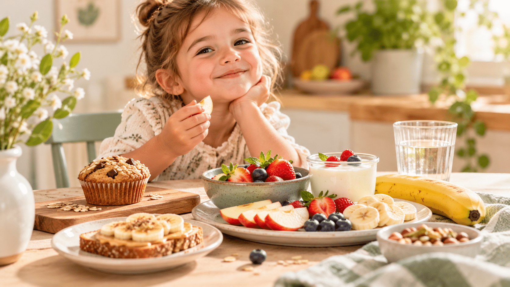 Goûter fruité en cuisine lumineuse